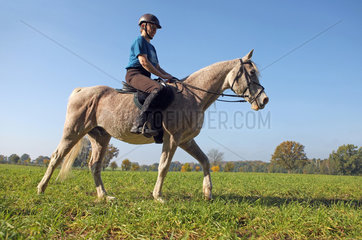 Zernikow  Frau reitet auf ihrem Pferd im Schritt ueber ein Feld