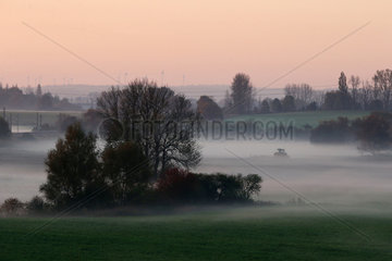 Goerlsdorf  Deutschland  Nebel am Morgen ueber den Feldern der Uckermark