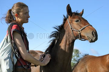 Gestuet Westerberg  Pferdepflegerin kratzt ein Fohlen auf der Weide am Hals