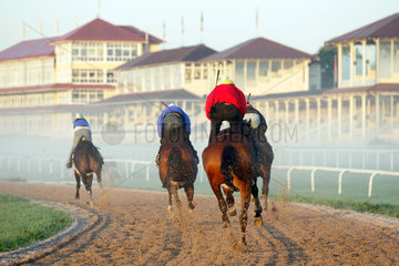 Iffezheim  Reiter und Pferde beim Training am Morgen vor den Tribuenen der Galopprennbahn