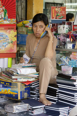 Vietnam  Kleinunternehmerin telefoniert im Bin Tay-Mark