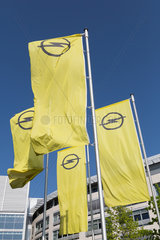 Deutschland  Ruesselsheim  Opel Automobile GmbH: Fahnen mit Opel-Logo am Konzernsitz