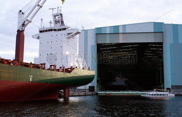 Wismar  der Frachter NYK Floresta vor der Aker Ostsee Werft