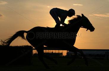 Bad Doberan  Deutschland  Silhouette  Jockeys auf ihren Pferden bei Sonnenuntergang