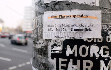 Berlin  Zettel mit der Aufschrift Blut-Plasma spenden an einer Verkehrsampel