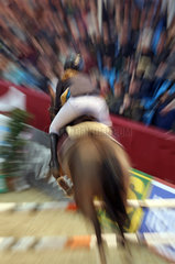 Neustadt (Dosse)  Dynamik  Pferd und Reiterin beim Springreiten ueber einem Steilsprung