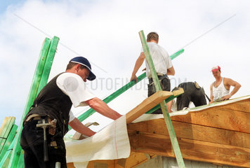 Zimmermaenner beim Bau eines Dachstuhls