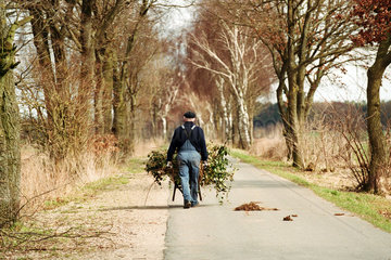 Mann mit Schubkarre gefuellt mit Aesten auf einer Landstrasse  Norddeutschland