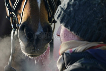 Neustadt (Dosse)  Pferdepflegerin steht im Winter neben ihrem Pferd
