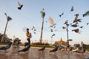 Phnom Penh  Kambodscha  ein Mann und sein Kind beobachten Tauben