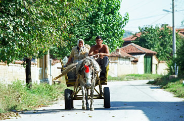 Einheimische fahren mit einer Pferdekutsche durch die Gegend  Bulgarien