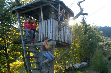 Kinder spielen an einem Baumhaus im Schwarzwald