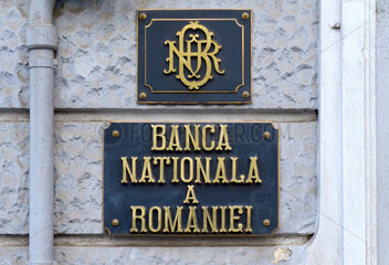 Oradea  Rumaenien  Schriftzug und Logo der rumaenischen Nationalbank