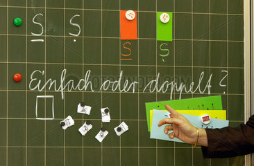 Chemnitz  Deutschland  die Hand einer Lehrerin zeigt auf die Schultafel