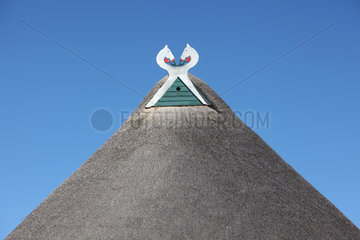 Molfsee  Deutschland  Pferdekoepfe (Giebelschmuck) am Giebel eines Reetdachs