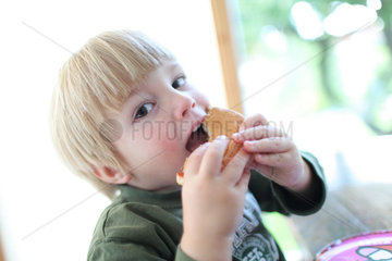 Handewitt  Deutschland  ein Junge isst einen Hamburger