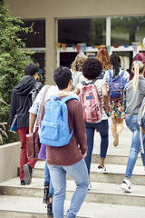 College students walking toward campus building  rear view