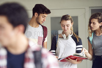 Students studying together in corridor