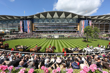 Royal Ascot  View at the grandstand and the parade ring during the Royal Procession