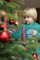 Harrislee  Deutschland  ein Junge dekoriert einen Weihnachtsbaum