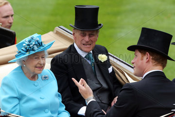 Royal Ascot  Royal Procession. Queen Elizabeth the Second  Prince Philip and Prince Harry (right) arriving at the parade ring