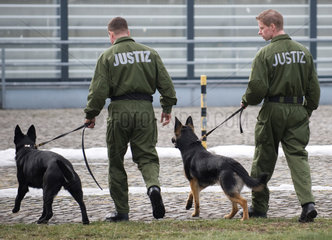 Dresden  Deutschland  Diensthundefuehrer mit Drogenspuerhunden in der Dresdner JVA