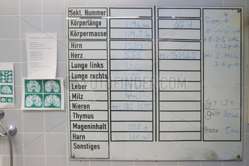 Kiel  Deutschland  eine Tafel im Obduktionssaal im Institut fuer Rechtsmedizin des UKSH