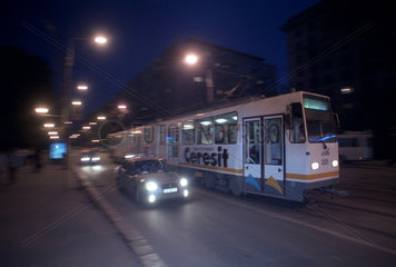 Strassenbahn mit Werbung von Ceresit Bautechnik  Bukarest