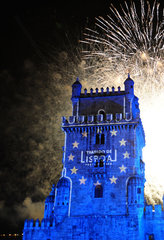 Portugal  Lissabon. Belem Turm mit Feuerwerk