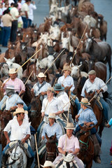 Almonte  Spanien  Saca de las yeguas - Reiter treiben eine Pferdeherde duch die Stadt