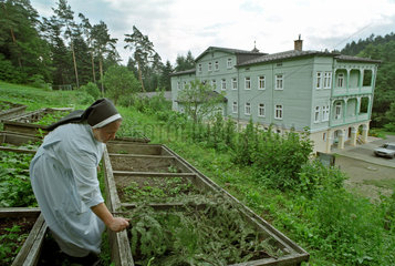 Nonne bei der Arbeit im Klostergarten  Sued-Ostpolen