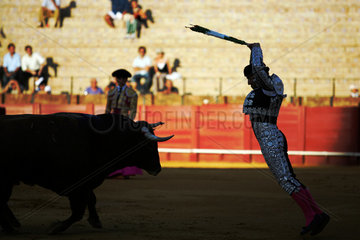 Sevilla  Spanien  ein Banderillero mit einem Stier in der Real Maestranza