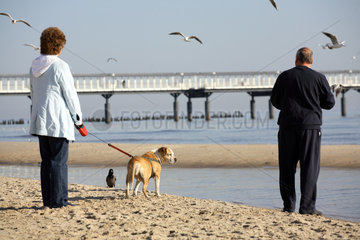 Touristen mit Hund am Strand in Ahlbeck an der Ostsee