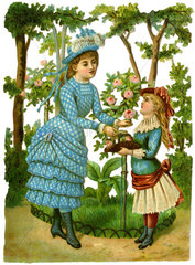 Mutter und Tochter pfluecken Rosen  1876