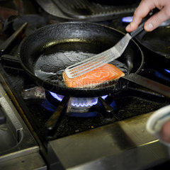 Searing salmon steak