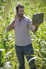 Man using laptop computer while standing in cornfield