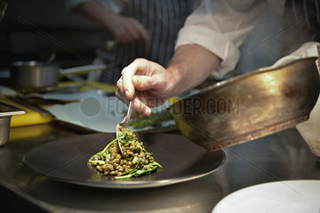 Chef spooning lentil dish onto serving plate