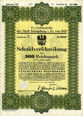 Goldanleihe  Schuldverschreibung  Koenigsberg  1929