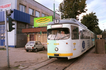 Strassenbahn faehrt aus dem Depot in Poznan  Polen