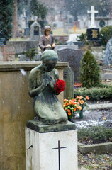 Freiburg  Deutschland  eine trauernde Grabfigur mit roter Rose auf einem Friedhof