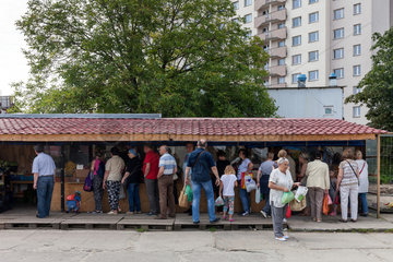 Stettin  Polen  Kunden stehen Schlange an einem Marktstand auf einem Wochenmarkt