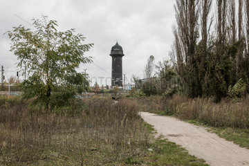 Berlin  Deutschland  Wasserturm am Ostkreuz und unbebautes Ufer zwischen Kynaststrasse und Glasblaeserallee an der Rummelsburger Bucht
