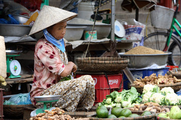 Vietnam  eine Verkaeuferin sitzt am Gemuesestand