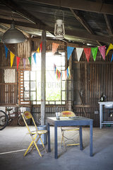 Garage studio decorated with festive bunting