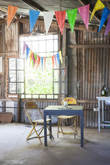 Workshop decorated with pennant streamers