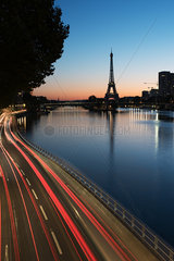 France  Paris  light trails along the Seine at twilight