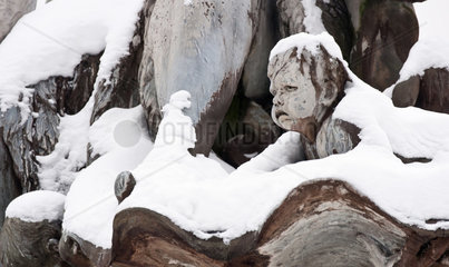 Berlin  Deutschland  Detailaufnahme des schneebedeckten Neptunbrunnens