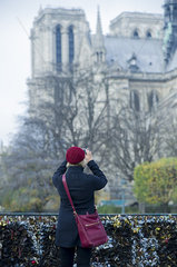 Tourist photographing Notre Dame Cathedral from Pont des Arts  Paris  France