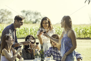 Friends enjoying glass of wine at vineyard