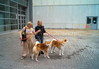 Posen  Polen  Hundebesitzerinnen mit ihren Rassehunden auf der Internationalen Hundeausstellung